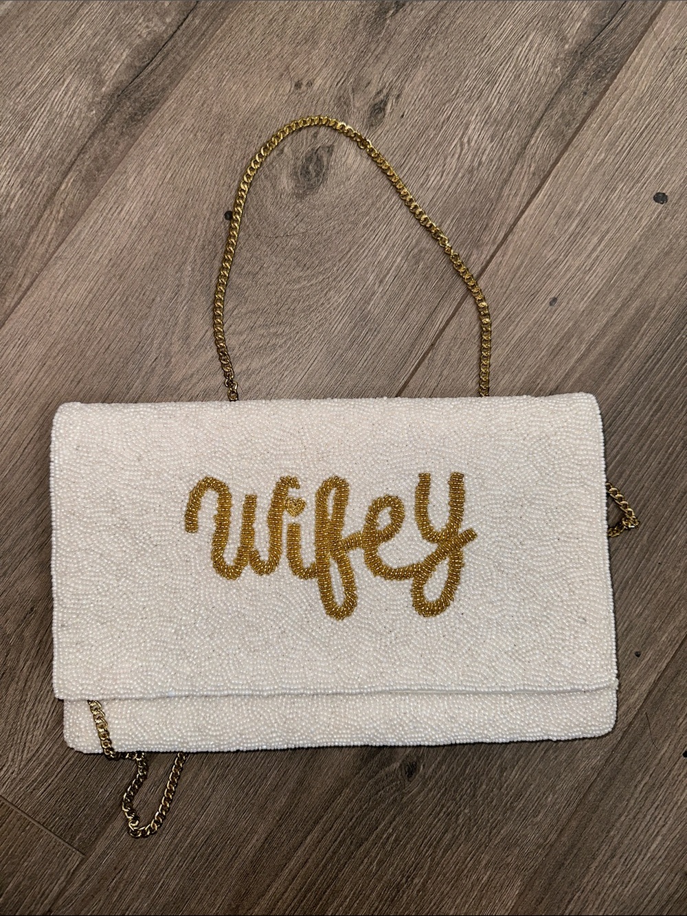 White Beaded "Wifey" Chain Shoulder Bag